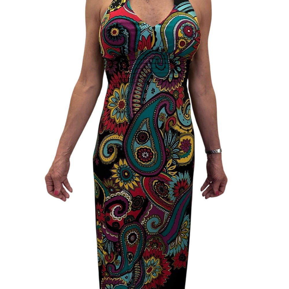 Paisley Halter Maxi Dress Colorful Floral Print Sleeveless Long Dress - Picture 2 of 16